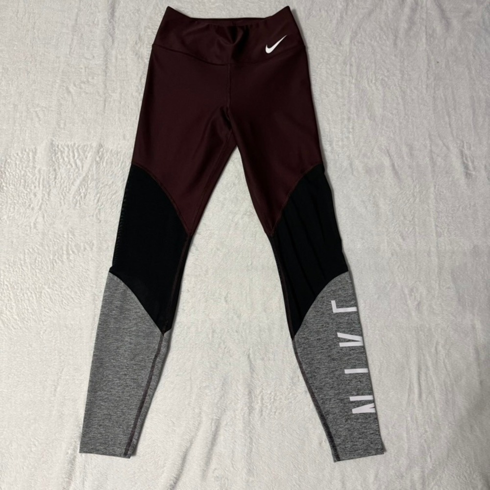 Nike Leggings Womens XS Burgundy Colorblock Dri-FIT Graphic Activewear Yoga Gym